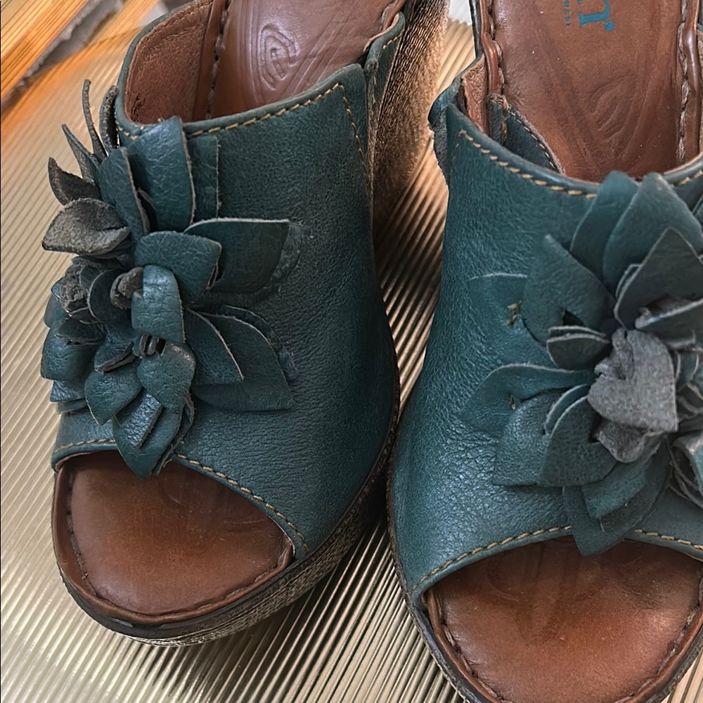 Born Green and Brown Mules with 3D Floral Accents